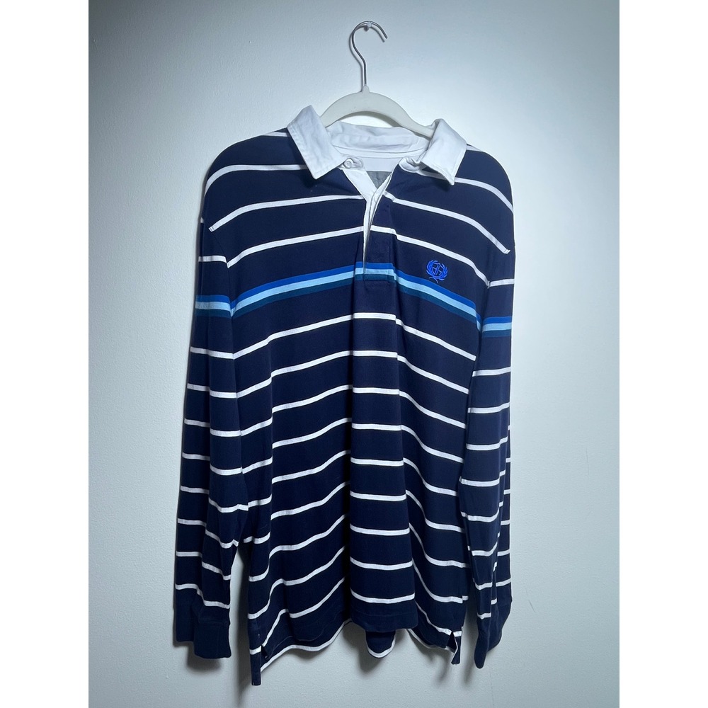 Denver Hayes Mens Navy Blue Striped Long Sleeve‎ Rugby Polo Shirt Embroidered